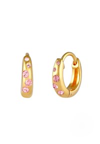 Guldörhängen med rosa rhinstenar i varierande storlekar, slät metallfinish och en säker låsdesign.