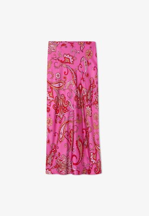 Ροζ μίντι φούστα με κόκκινα, πορτοκαλί και μπεζ μοτίβα με λουλουδάτο παζλ σε λείο ύφασμα.