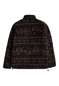 Zwarte patroonjas met paisley- en geometrische ontwerpen in gouden en roze tinten. Zachte textuur met een kraaglijn en een trekkoordzoom.