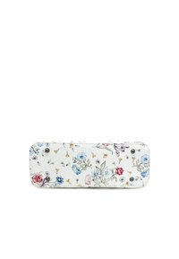 Borsetta a tracolla con motivo floreale in pelle bianca, adornata con fiori multicolori. Presenta dettagli in metallo argentato e una finitura testurizzata.