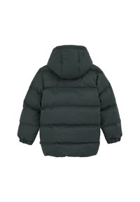 Temno zelena toplotna jakna s kapuco, z oštevilčenimi sekcijami, elastičnimi manšetami in gladko, sijočo teksturo. Zadnji pogled prikazuje šivno obdelavo.