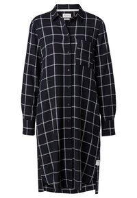 Långärmad skjortklänning i marinblått med vit rutig mönster, knappstängning framtill, krage, en bröstficka, sidoklyftor, mjuk tygtextur.
