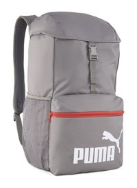 Grijze stoffen rugzak met een bovenflap, een rode ritszak, een mesh zijvak en een wit Puma-logo. Voorzien van verstelbare schouderbanden.