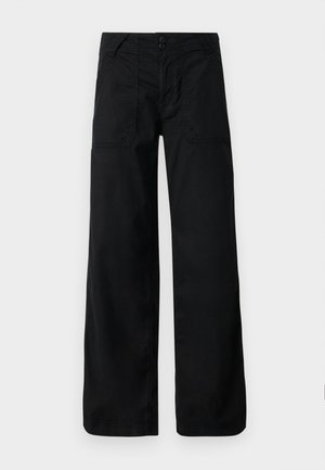 Black wide-leg pants with a smooth texture, featuring a button closure, and front pockets with decorative stitching and eyelet details.