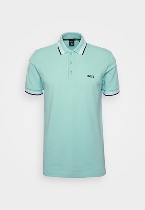Light turquoise short-sleeve polo shirt with black and white striped collar and sleeve edges, three buttons, and "BOSS" logo on chest.