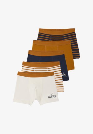 Five pairs of boys' boxer briefs in white, navy, and mustard colors, some with stripes and "cool" bicycle print on the white pair.