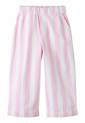 Różowe i białe spodnie z pionowymi paskami, elastycznym pasem, bocznymi kieszeniami i podwiniętymi mankietami.
