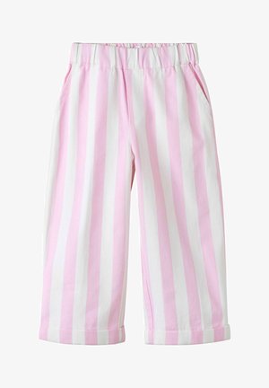 Rosa og hvite vertikalt stripete bukser med elastisk midje, sidelommer og brettede mansjetter.