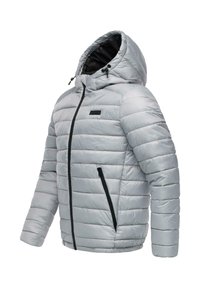 Ljusgrå puffjacka med huva, featuring en svart dragkedja och sidfickor, quiltat mönster och slät syntetisk textur.