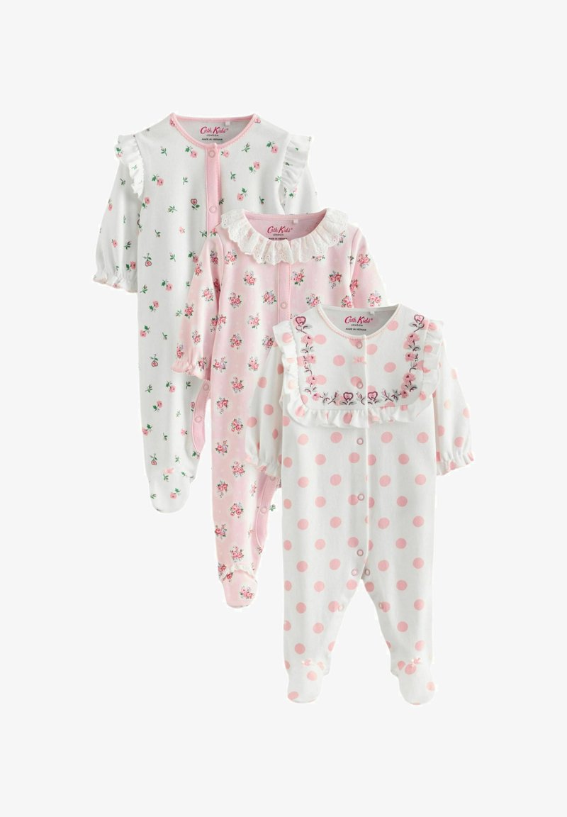 Tre tutine per neonati: motivo floreale in bianco e rosa, colletto con volant, pois rosa, tessuto morbido e chiusure a pressione per facilitare il vestire.