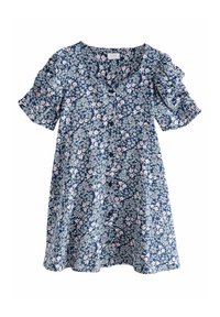 Vestito blu navy a fiori con maniche corte a sbuffo, scollatura a V e dettagli con bottoni. Presenta motivi floreali rosa e bianchi su un tessuto strutturato.