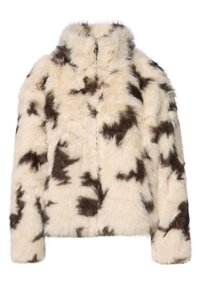 Veste en fourrure blanche et marron avec manches longues et fermeture éclair à l'avant.