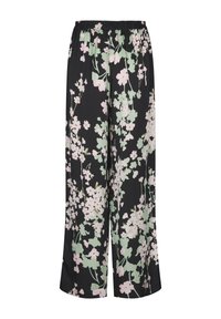 Pantalons larges floraux en tissu noir, ornés d'un motif de feuilles vertes et de fleurs roses. Taille élastique et coupe ample pour le confort.