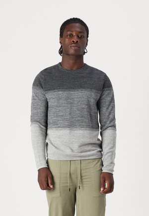 Gray long-sleeve sweater featuring a gradient design from dark to light gray, with a round neckline and textured knit pattern.