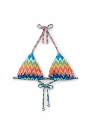 Triangelbikiniöversdel med ett flerfärgat zigzag-mönster i orange, grönt och blått. Knytning i nacken och bak med metalliska detaljer.