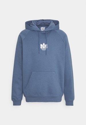 Blauwe hoodie met voorzak in kangaroostijl en wit Adidas trefoil-logo in het midden van de borst.