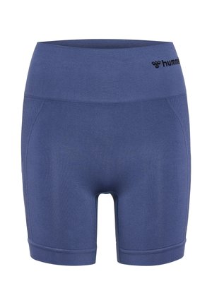 Blaue nahtlose Sportshorts mit hohem Bund, breitem Taillenbund und kleinem schwarzem Logo auf der oberen rechten Seite.