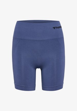 Blå høj talje sømløse atletikshorts med bred taljebånd og lille sort logo på øverste højre side.