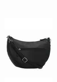 Schwarze Leder-Crossbody-Tasche, halbkreisförmige Form, strukturierte Oberfläche, Reißverschlussfach auf der Vorderseite, verstellbarer Gurt, Metallbeschläge.