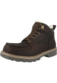 Stivaletto alla caviglia in pelle marrone con punta tonda, suola in gomma e colletto imbottito. Presenta lacci compositi e un design cucito lungo la parte anteriore.