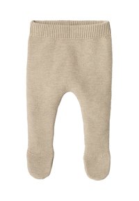 Beige gestrickte Babyhose mit einem gerippten Taillenbund, Füßchen-Design und einer strukturierten Oberfläche. Geeignet für Säuglinge und Kleinkinder.