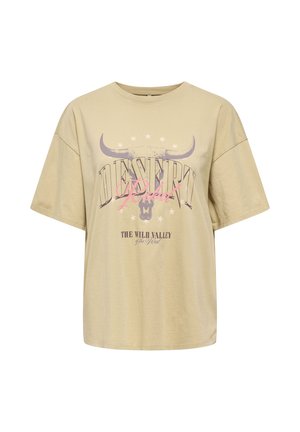 T-shirt beige à manches courtes avec un graphisme de crâne de taureau, des étoiles et le texte « DESERT Rebel » et « THE WILD VALLEY of the West. »
