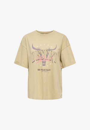 T-shirt beige à manches courtes avec un graphisme de crâne de taureau, des étoiles et le texte « DESERT Rebel » et « THE WILD VALLEY of the West. »