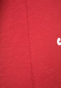 Czerwona tkanina o lekkiej fakturze z pionowym szwem. Po jednej stronie białe napisy.