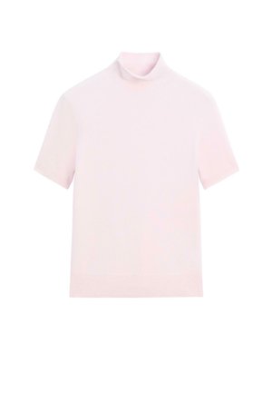 Maglione a maniche corte a collo alto in morbido tessuto rosa. Presenta una silhouette aderente e una texture liscia, con bordi a costine al collo e all'orlo.