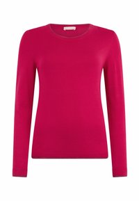 Engogener Pullover mit langen Ärmeln in knalligem Pink, aus weichem Stoff mit rundem Halsausschnitt und Rippbündchen sowie -saum. Keine Muster oder zusätzliche Details.