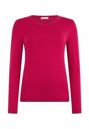 Maglione attillato a maniche lunghe di un vivace rosa, realizzato in tessuto morbido con scollatura rotonda e polsini e orlo a coste. Senza fantasia o dettagli aggiuntivi.