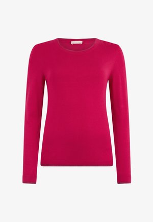 Pull long-sleeve ajusté en rose vif, fabriqué en tissu doux avec un col rond et des poignets et un ourlet côtelés. Pas de motifs ni de détails supplémentaires.