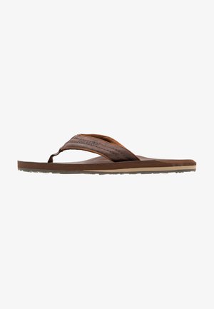 Brown flip-flop sandal featuring a textured leather upper, rubber sole, and toe post design. Accented with subtle stitching detail.