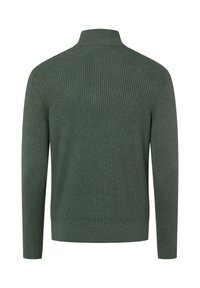 Groene ribgebreide trui met een hoge kraag, lange mouwen en een gestructureerde afwerking. Achteraanzicht toont een nauwsluitende, aansluitende pasvorm.