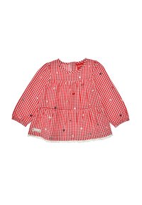 Rotes Karo-Hemd mit langen Ärmeln, gestuftem Design, gewelltem Saum und mehrfarbigen Herzmustern. Aus Baumwollmaterial. Etikett an der Seite.
