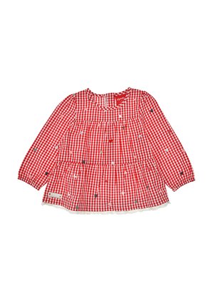 Rotes Karo-Hemd mit langen Ärmeln, gestuftem Design, gewelltem Saum und mehrfarbigen Herzmustern. Aus Baumwollmaterial. Etikett an der Seite.