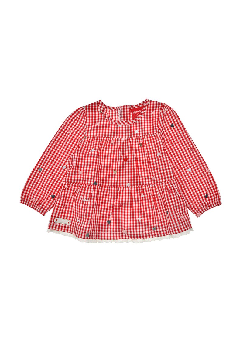 Rotes Karo-Hemd mit langen Ärmeln, gestuftem Design, gewelltem Saum und mehrfarbigen Herzmustern. Aus Baumwollmaterial. Etikett an der Seite.
