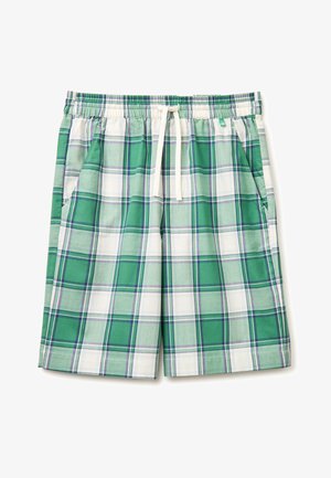 Groene en witte geruite korte broek met elastische tailleband, witte trekkoord en zijzakken, plat weergegeven op een witte achtergrond.