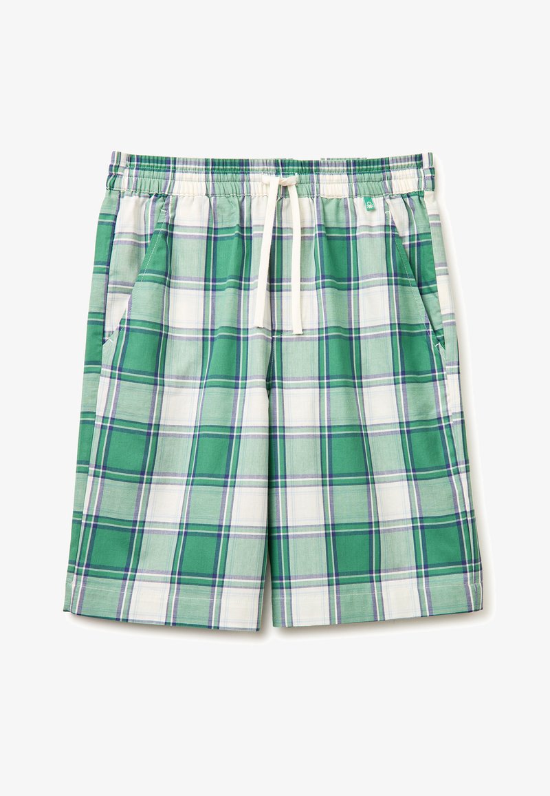 Zielono-białe szorty w kratę z elastycznym paskiem, białym sznurkiem do wiązania oraz bocznymi kieszeniami, pokazane na płasko na białym tle.