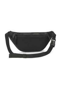 Marsupio nero con corpo in rete testurizzata, dettagli lisci e tasca frontale con zip. Cinghia regolabile con chiusura a molla robusta.