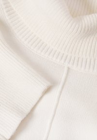 Gebreide witte trui met een hoge ribbelkraag en ribbeltextuur, met een zachte, iets fuzzy afwerking. Accentueert de dubbele textuur.