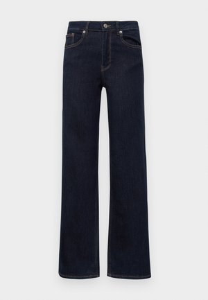 Tmavě modré denimové džíny se rovnými nohavicemi, zapínáním na knoflík, poutky na opasek a pěti kapsami, vystavené na bílém pozadí.