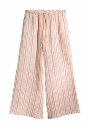 Hellrosa-weiß gestreifte weite Leinenhosen mit elastischem Bund und Kordelzug.