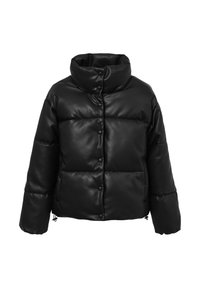 Veste en simili cuir noir, style matelassé, avec un col haut, des boutons-pression et des sections piquées. Dispose de cordons de serrage élastiques à l'ourlet.