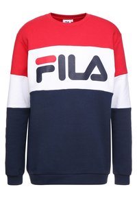 Felpa a blocchi di colore rossa, bianca e blu navy con scollatura a girocollo, polsini e orlo a costine, e un grande logo FILA frontale in blu navy.