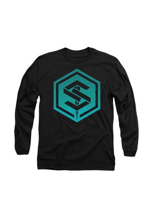 Long-sleeve black shirt featuring a teal hexagonal logo design with stylized "S" inside and geometric patterns. Soft fabric texture.