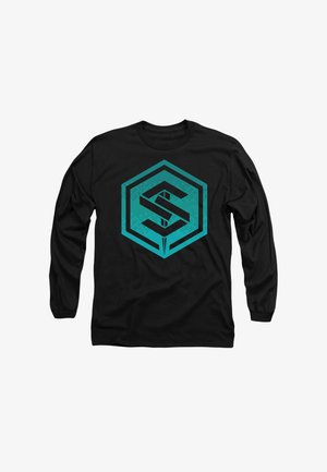 Langärmliges schwarzes Shirt mit einem türkisfarbenen hexagonalen Logo-Design und einem stilisierten "S" im Inneren sowie geometrischen Mustern. Weicher Stoff.