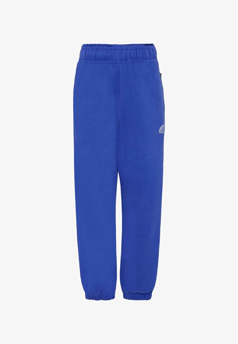 Blauwe sweatpants met een elastische tailleband, taps toelopende boorden en een logodetail. Gemaakt van zachte stof voor comfort en bewegingsvrijheid.