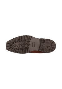 Suola di scarpa in gomma marrone con un motivo testurizzato e scanalature per una migliore trazione. Design della punta arrotondata.
