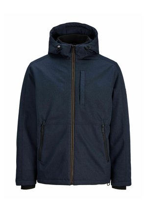 Veste à capuche bleu marine avec fermeture éclair frontale, deux poches latérales zippées et une poche poitrine verticale zippée, conçue pour temps froid.